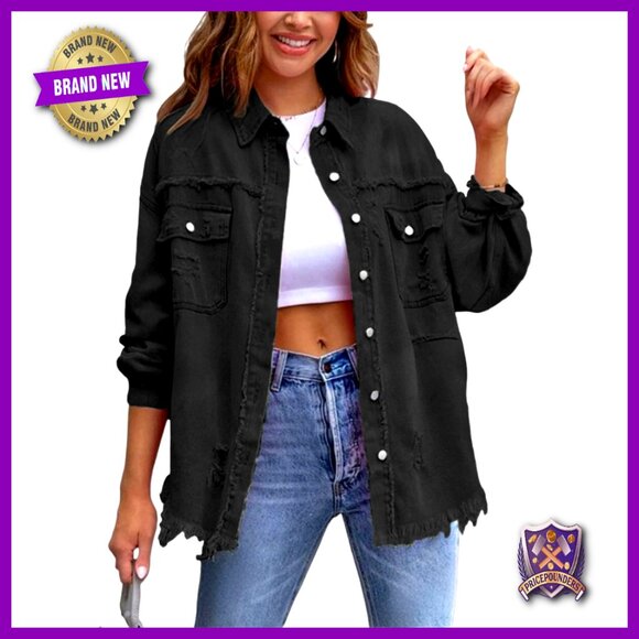 Oversized Distressed Denim Jacket Ripped Raw Hem Vintage Y2K Casual